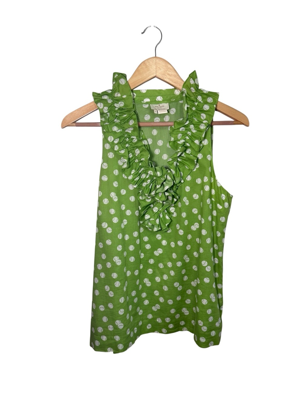 Kate Spade Tennis Anyone Lucille Top Green Ruffle V-Neck Blouse Tank Size 10